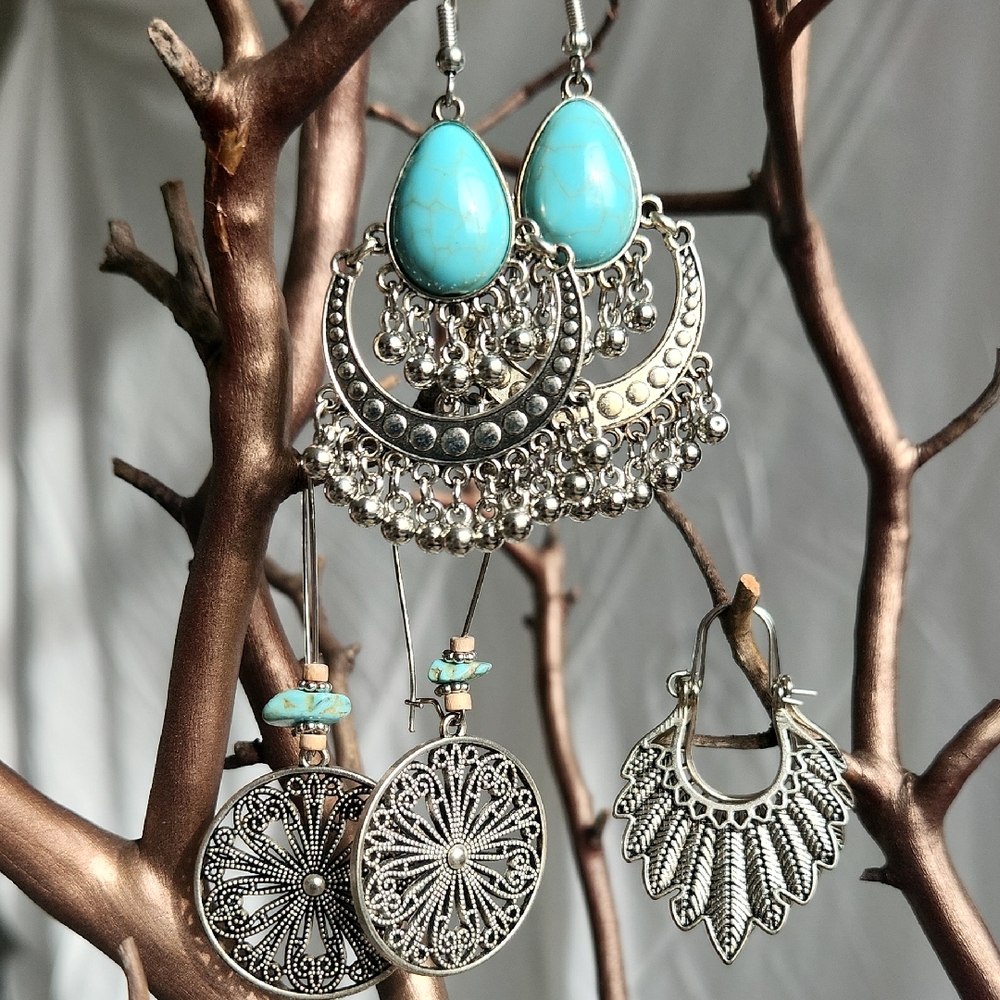 Silver and Turquoise Bohemian Earrings Set Of 3
